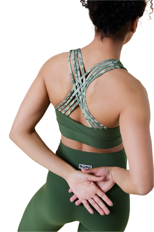 Brassière femme vert militaire en maille chaîne - Motif bambou